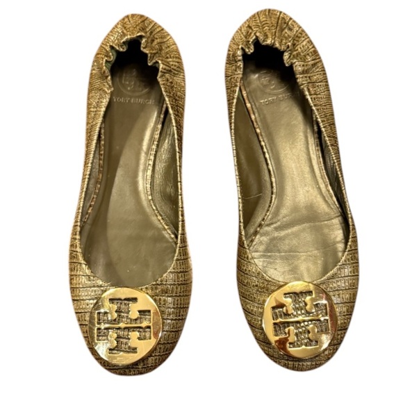 Tory Burch Gold Snakeskin Embossed Leather Reva Logo Ballerina Flats Size 9.5 - Picture 2 of 15